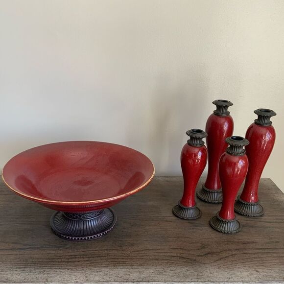 Moroccan Spice Bowl & (4) Candlesticks Vintage Partylite OG